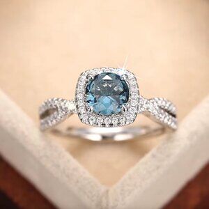 NEW 14k White Gold Blue Topaz Diamond Ring Round Cut Halo Ring